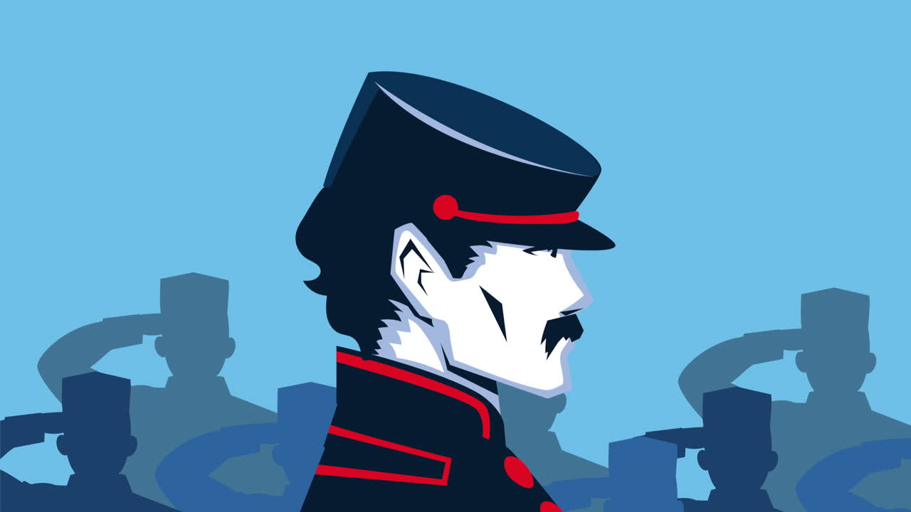 happy memorial day animation with old soldier and soldiers silhouettes