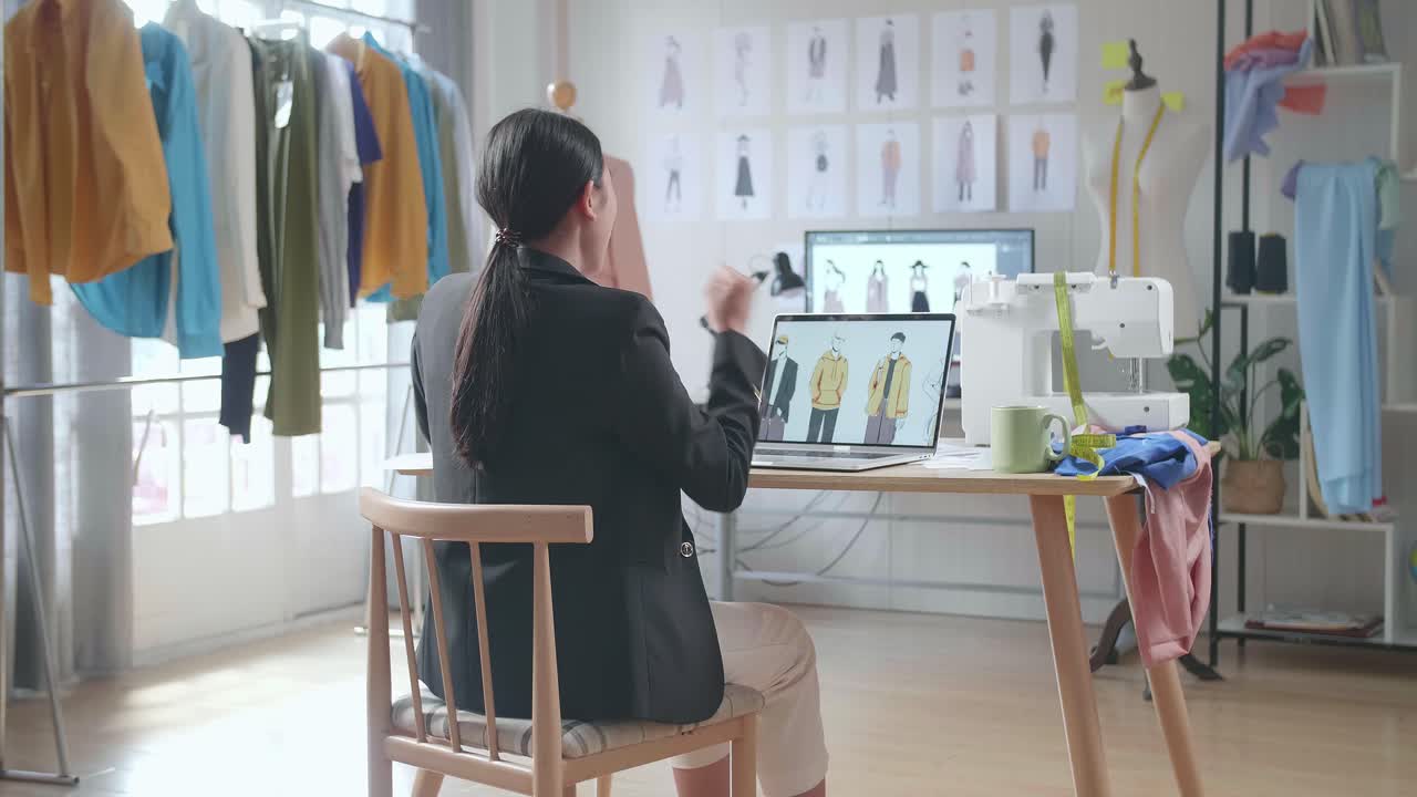 비즈니스 슈트를 입은 아시아 여성 디자이너가 스튜디오에서 노트북으로 옷을 디자인하는 동안 축하하는 뒷면.