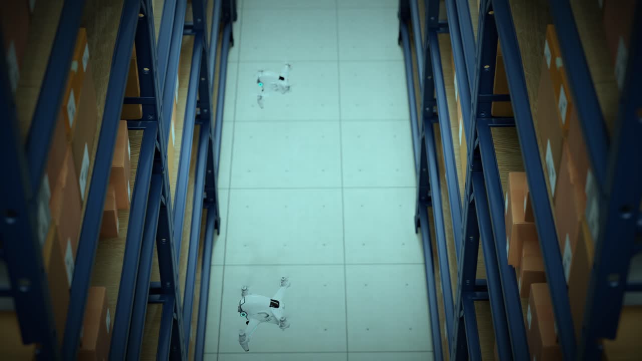 animación con drones de almacén escaneando códigos qr en las cajas de cartón en un estante metálico sistema totalmente automático no tripulado de distribución de carga proceso logístico eficiente coordinado por computadora