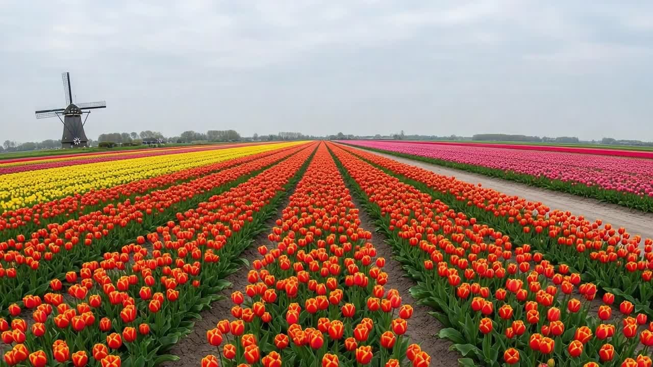 Vibrant Tulip Fields Stretching Under a Cloudy Sky with a Classic Windmill in the Background, Showcasing Nature’s Colorful Spectacle in Full Bloom