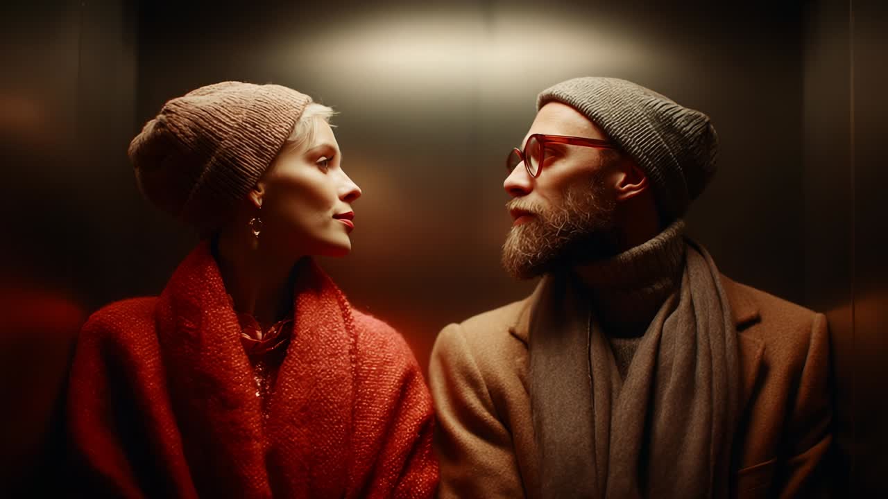 Captivating Moments: A Stylish Encounter in an Elevator Captured in Time, Showcasing the Unique Connection Between Two Fashionable Individuals Against a Stunning, Softly Lit Background