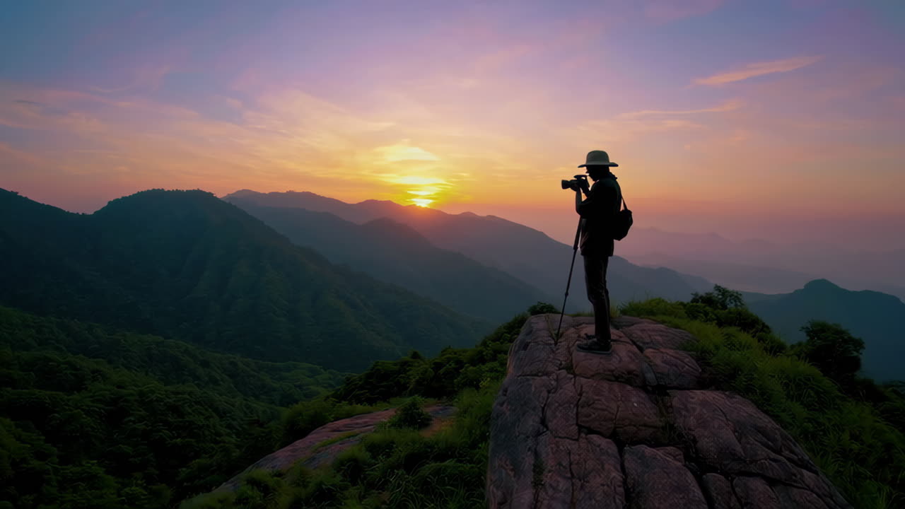 Photographer Capturing Sunset Over Mountains