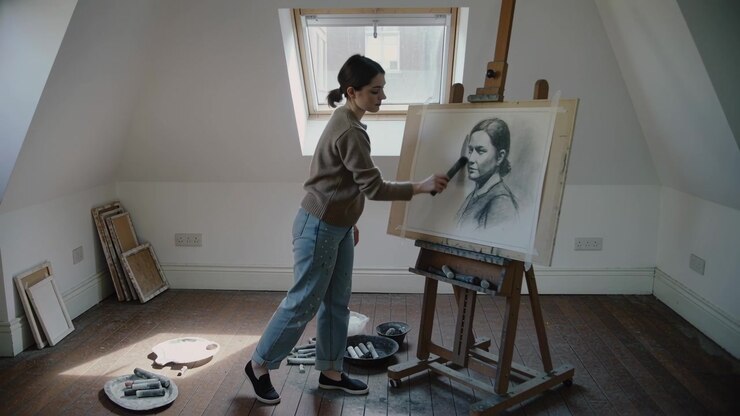 Ritratto di studio, artista con maglione marrone che si avvicina per sfumare il volto sul cavalletto sotto un lucernario
