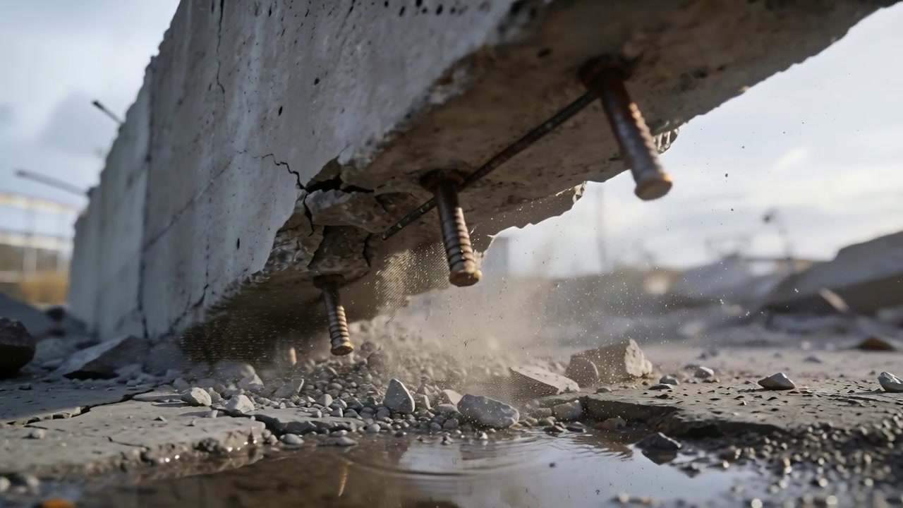 Lastra rotta che si inclina dopo la demolizione, con bulloni arrugginiti che rilasciano polvere e detriti sul cantiere, mostrando i tondini.