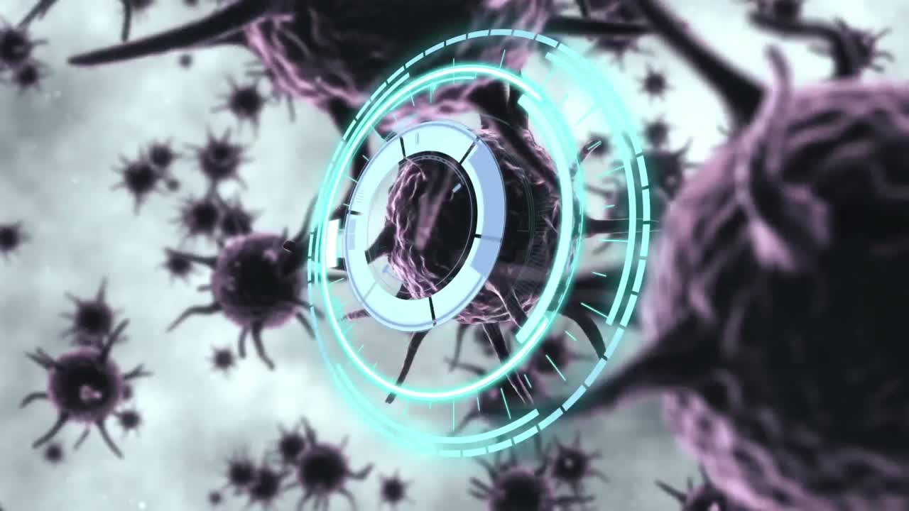 animación de un escáner circular que gira sobre las células de covid 19