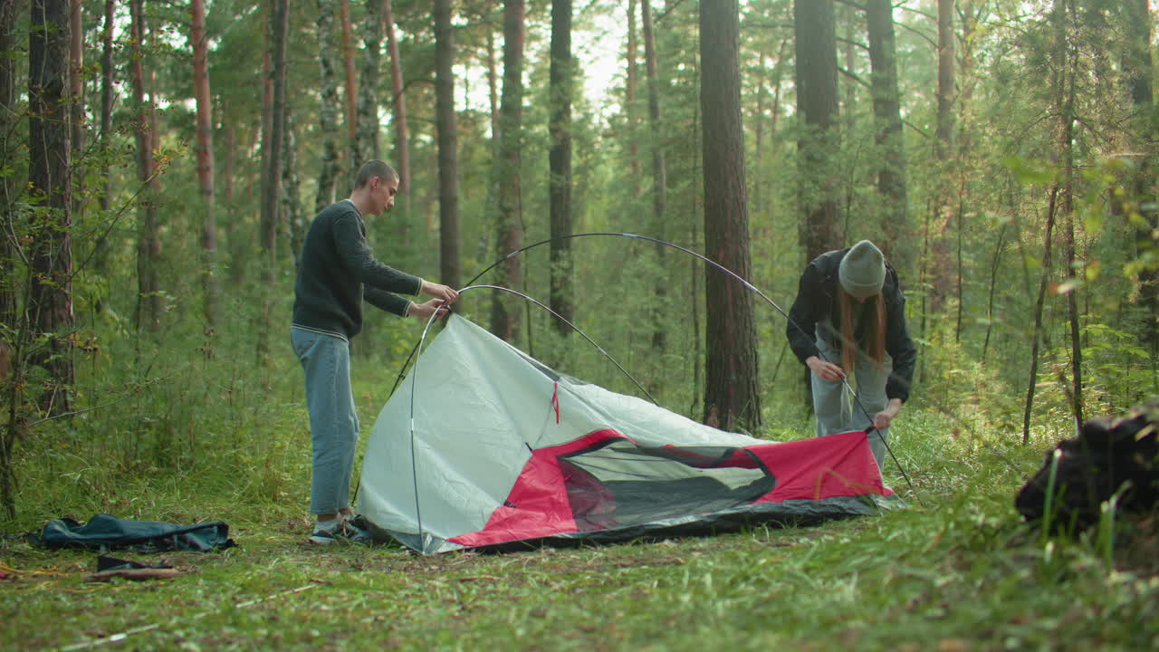young couple dismantles red and gray tent together in quiet forest as morning sunlight streams through trees while grass and camping materials lie scattered across forest ground