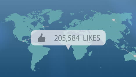 speech bubble with thumbs up icon with increasing likes against light trails moving over world map