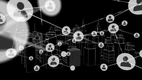 animación de la red de conexiones con iconos sobre el dibujo arquitectónico 3d de la ciudad en el fondo