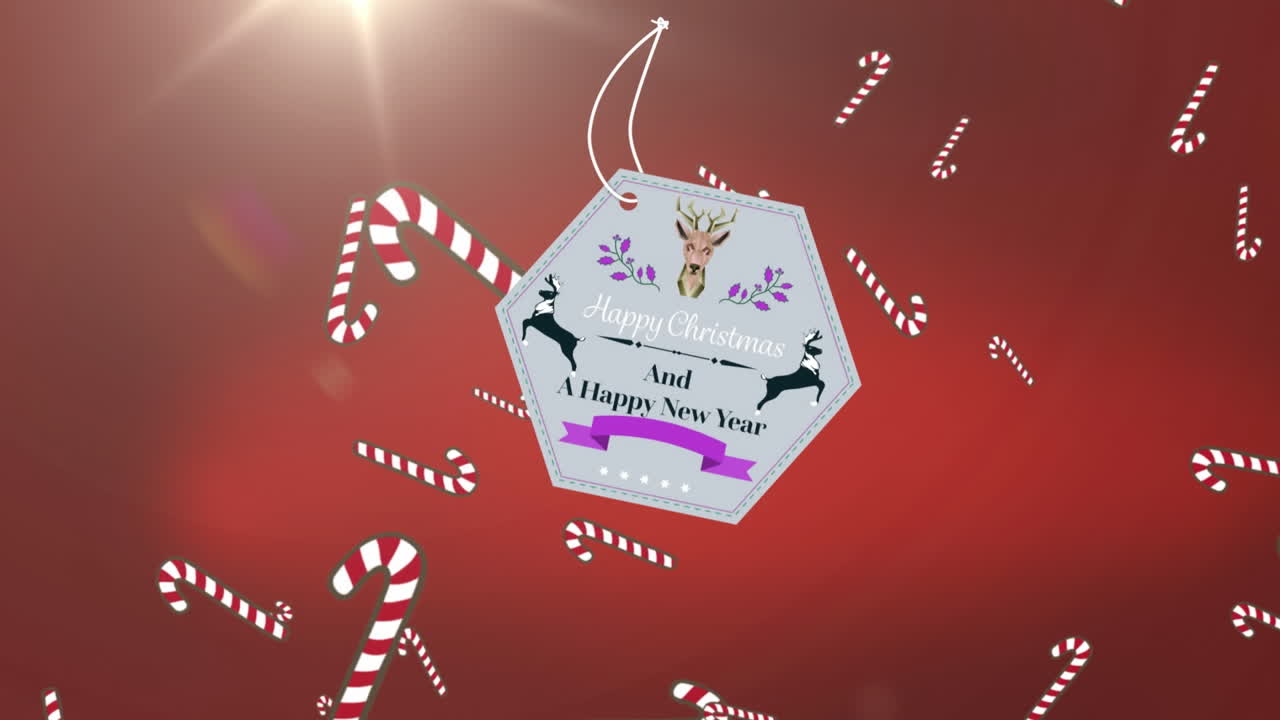 animación del texto de navidad sobre la caida de la caña de navidad sobre fondo rojo