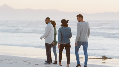 rear view of friends walking along winter beach together