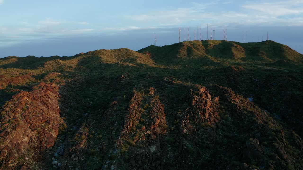 Close up drone shot of the mountain peaks in Arizona's South Mountain Park Preserve