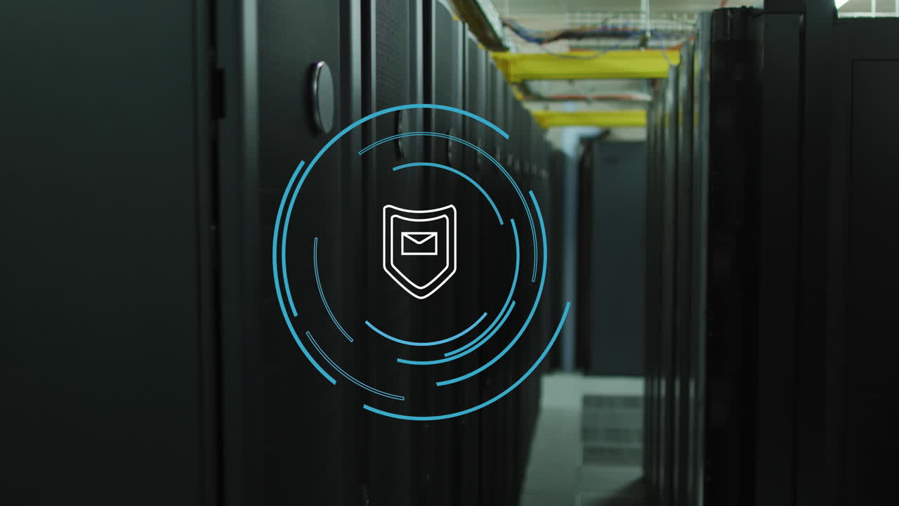 animación del escudo con icono de sobre y círculos sobre la sala del servidor.