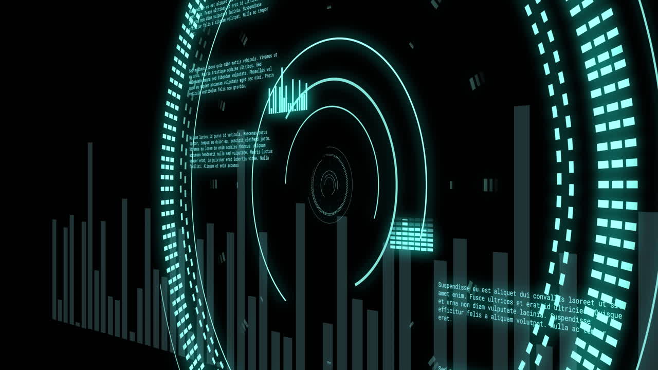 Animation of data processing with scope scanning on black background