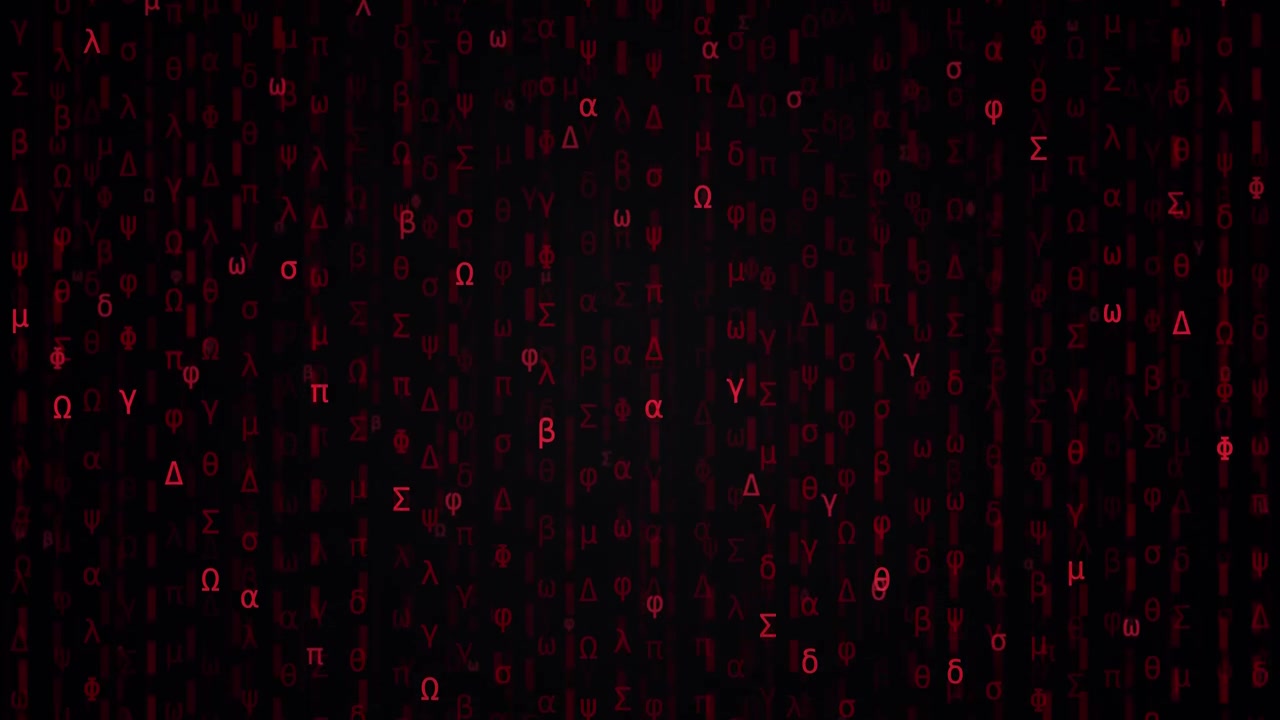 Red Greek letters fall vertically against a dark background in a digital matrix rain style