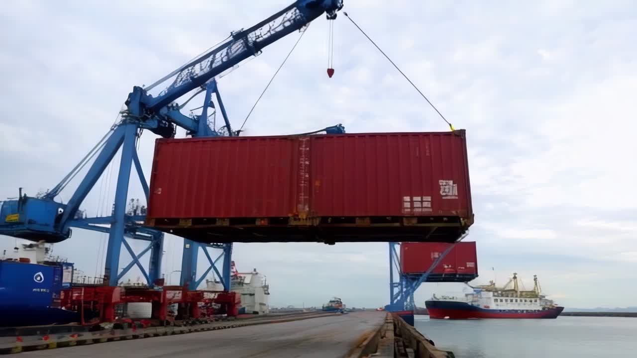 A large red container is being lifted by a crane