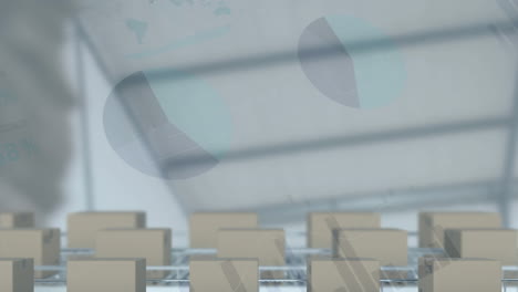 procesamiento de datos estadísticos en múltiples cajas de entrega en cinta transportadora contra el almacén