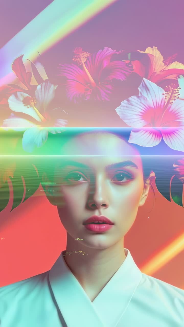 Vertical video: Lifting eyelids model reacting to pulsing neon band in studio, with hibiscus crown