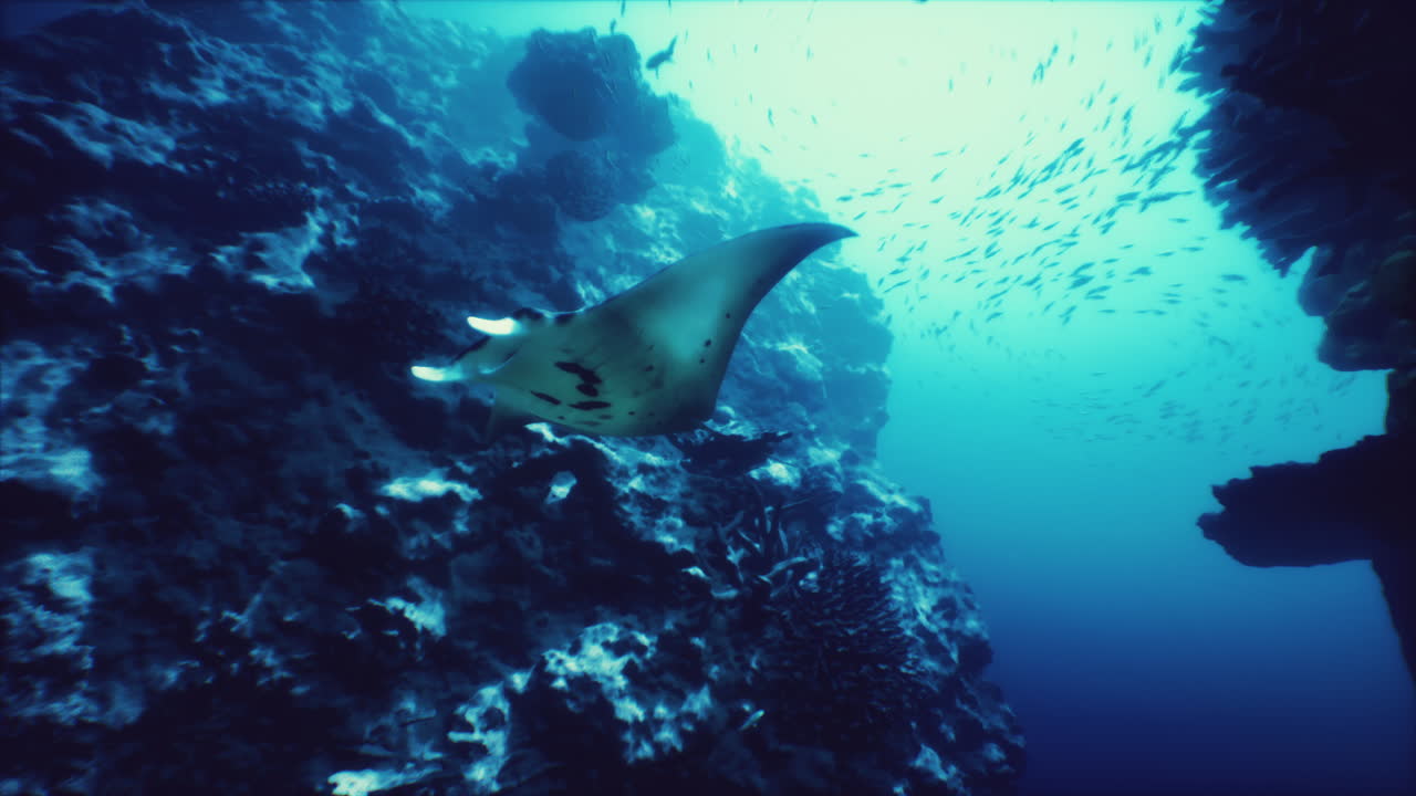 산호초 에서 활기찬 바다 물 을 가로질러 우아 하게 날아다니는 만타 레이
