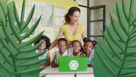 animación de hojas sobre feliz diversa maestra y alumnos con caja de reciclaje en el aula