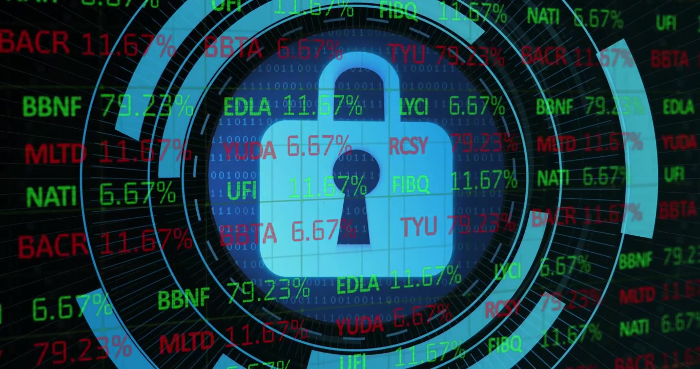 Animation of stock market data processing over security padlock on round scanner
