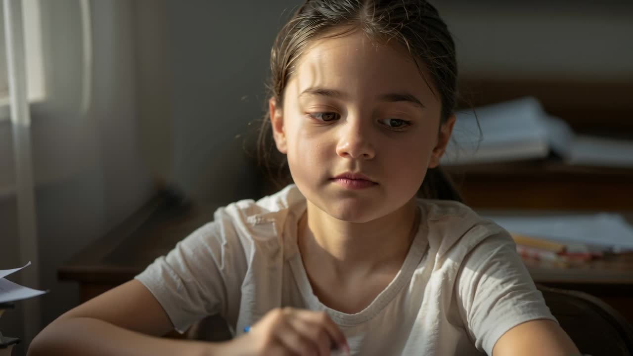 Un bambino apre gli occhi, allunga la mano verso una matita e scrive su carta alla scrivania di casa, indossando una maglietta leggera.