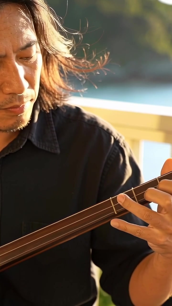 Vertical video: Playing at dusk, man in dark top fingering lute on balcony railing by water