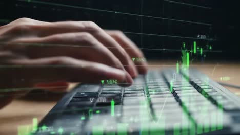 analyzing data trends: close-up of hands typing on a keyboard with dynamic graphs displaying statistical financial information in the background