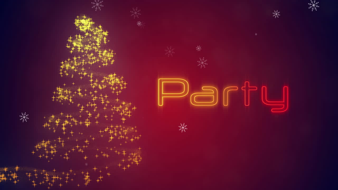Animation of glowing christmas tree and party text over red background