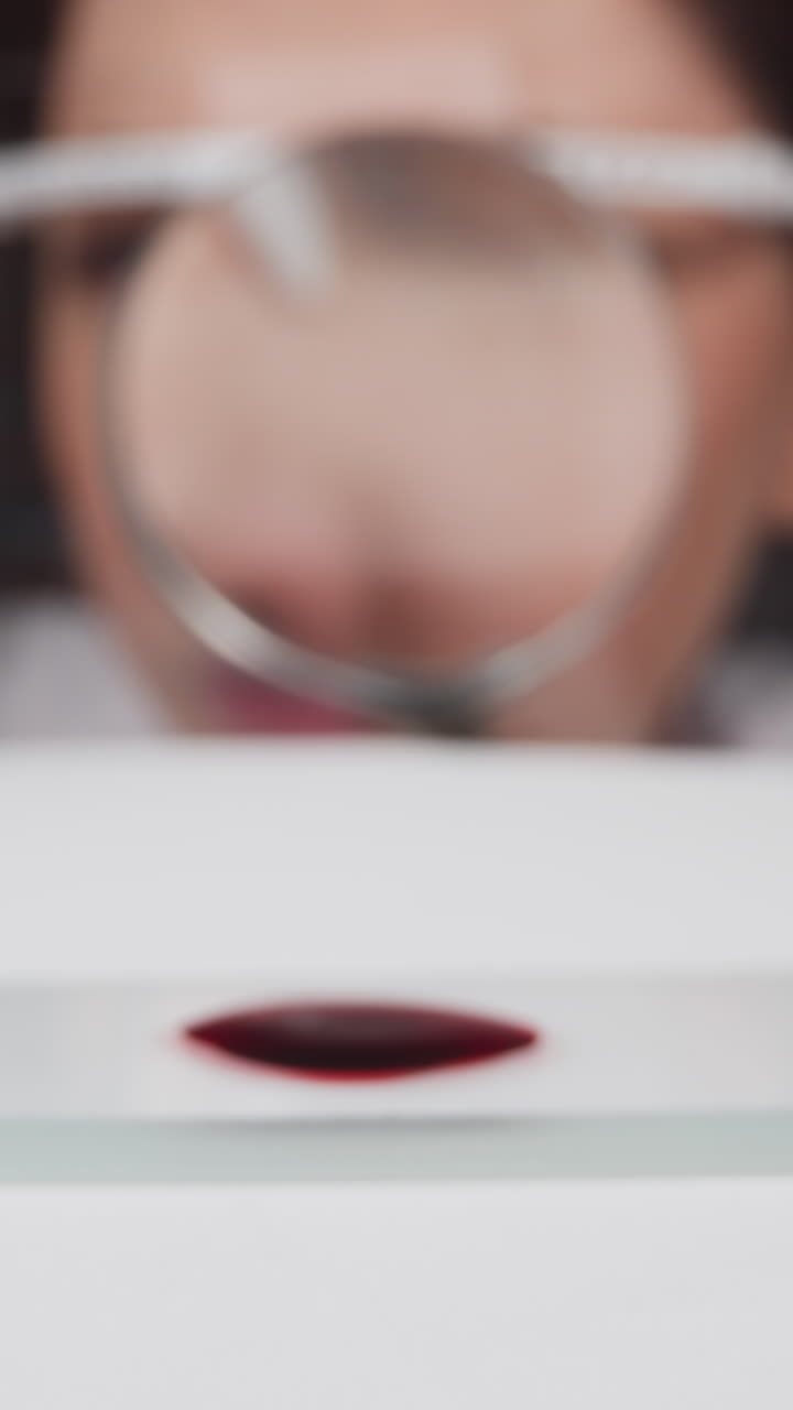 Woman with magnifier glass looks at dense blood drop on slide at table in clinic slow motion. Probe lens footage of medical research work macro view