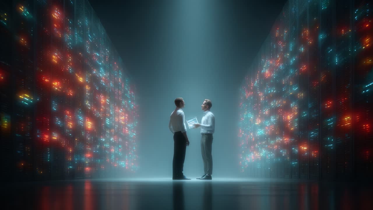 Two Professionals Engaged in Discussion Amidst a Data Center, Surrounded by a Vibrant Array of Digital Servers, Emphasizing Collaboration and Technology Advancement