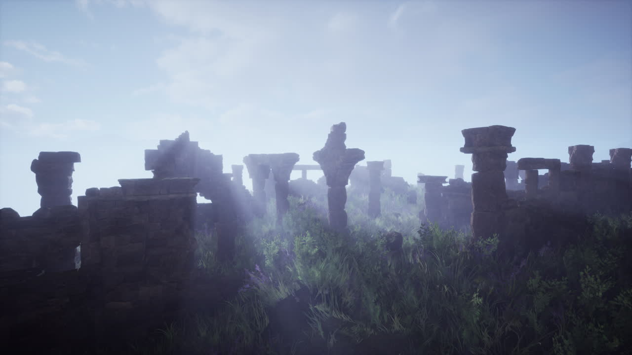 안개 가 가득 한 풍경 에 있는 고대 유적 들