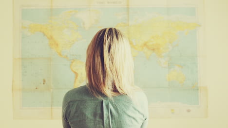 young tourist travel woman look at world map background