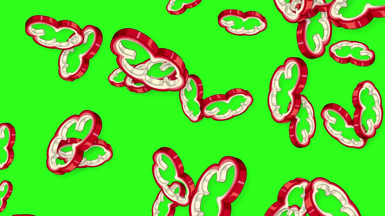 Animazione 3D: fette di peperone rosso cadono continuamente su uno sfondo vibrante di schermo verde