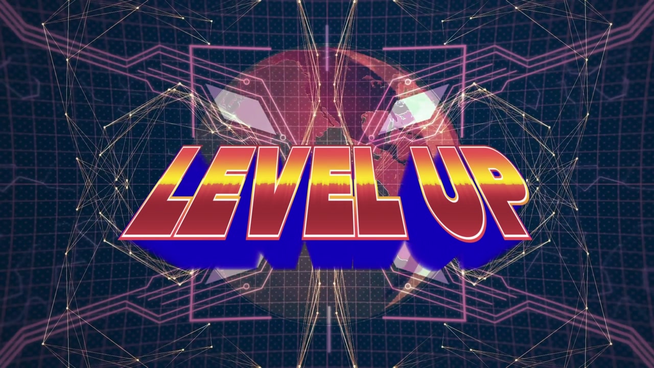 Animation of level up over globe, connections and lines on violet background