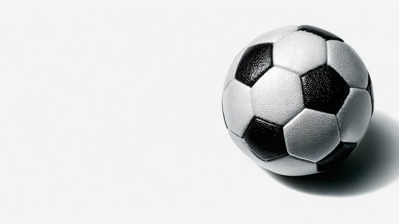 Eine Nahaufnahme eines klassischen schwarz-weißen Fußballs auf schlichtem Hintergrund, die die texturierte Oberfläche und ikonische Designelemente hervorhebt.