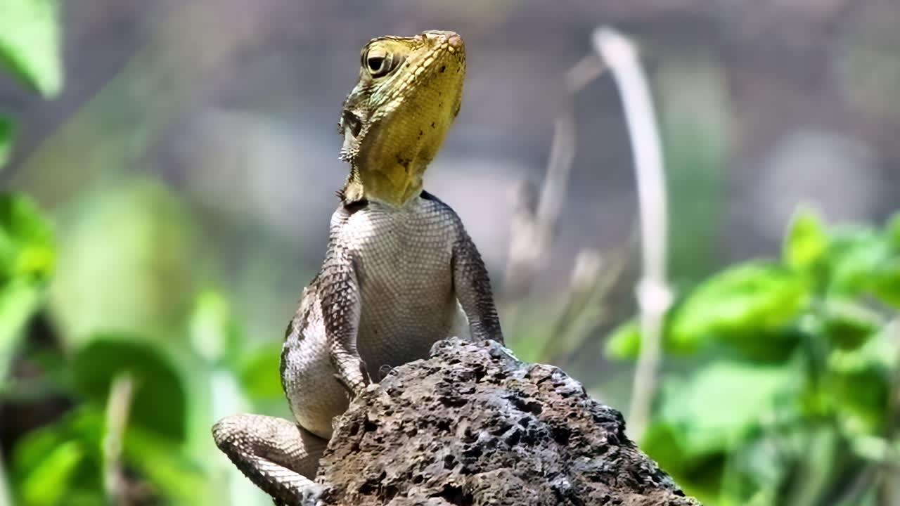 A portrait of a small lizard basking on a rock and lifting its head towards the warm sun