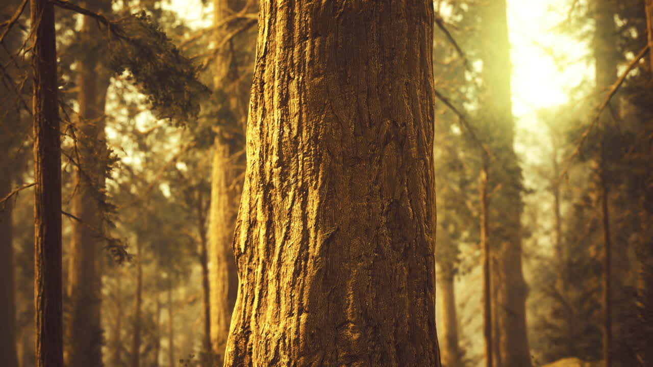 Golden light filtering through towering trees in a tranquil forest setting
