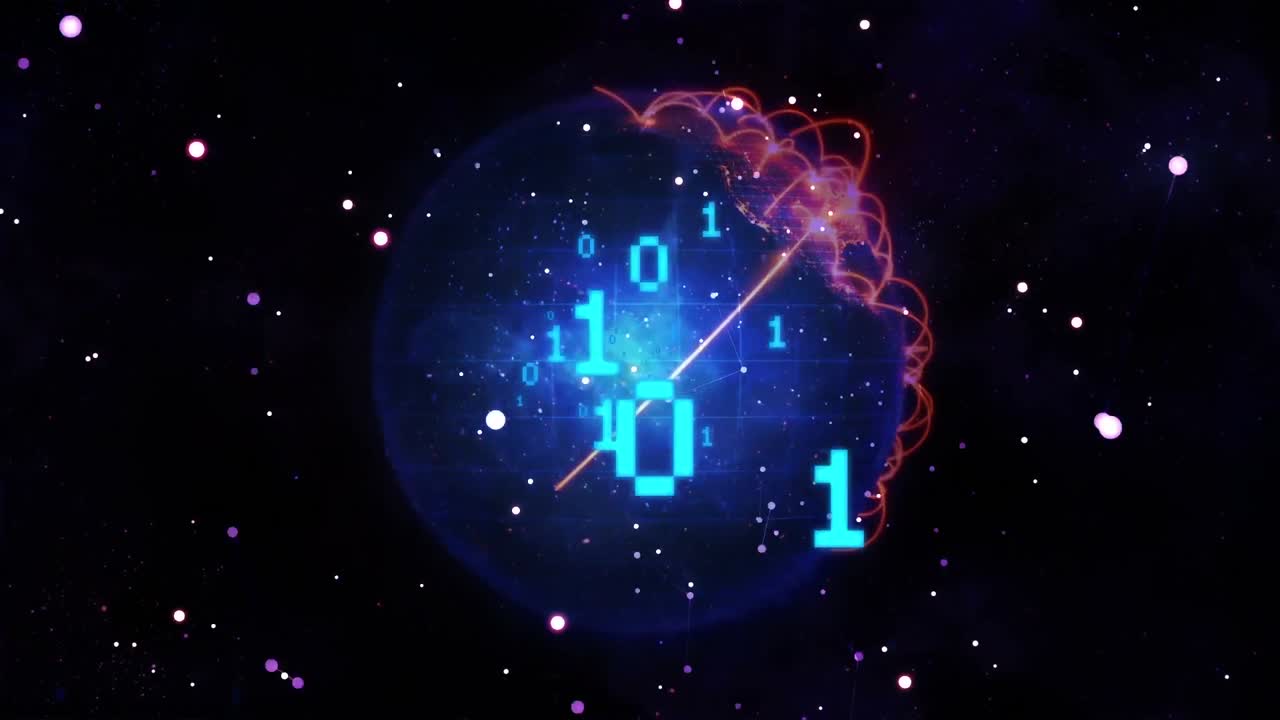 Animation of binary coding and globe with shapes on black background