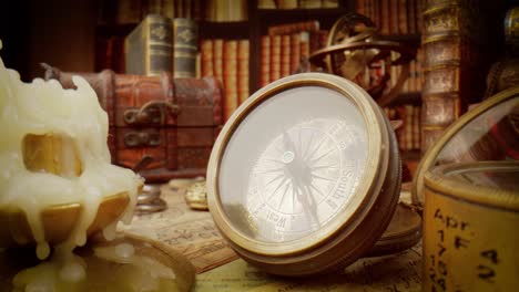 vintage style travel and adventure. vintage old compass and other vintage items on the table.