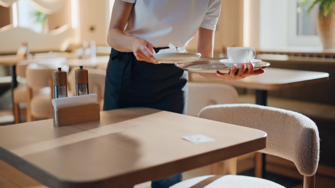 Primer plano de una camarera limpiando la mesa y retirando los platos en una cafetería. Personal retirando platos