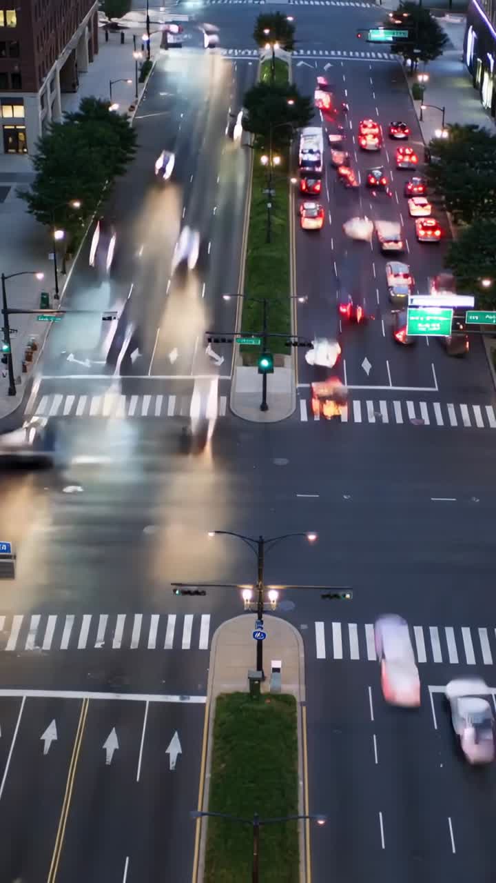 Vertikal video: Grønt signal aktiveres, får køretøjer til at køre hurtigt gennem bykryds med bus.