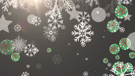 Animación-De-Copos-De-Nieve-Blancos-Que-Caen,-Estrellas-Y-Adornos-Navideños-Sobre-Fondo-Gris