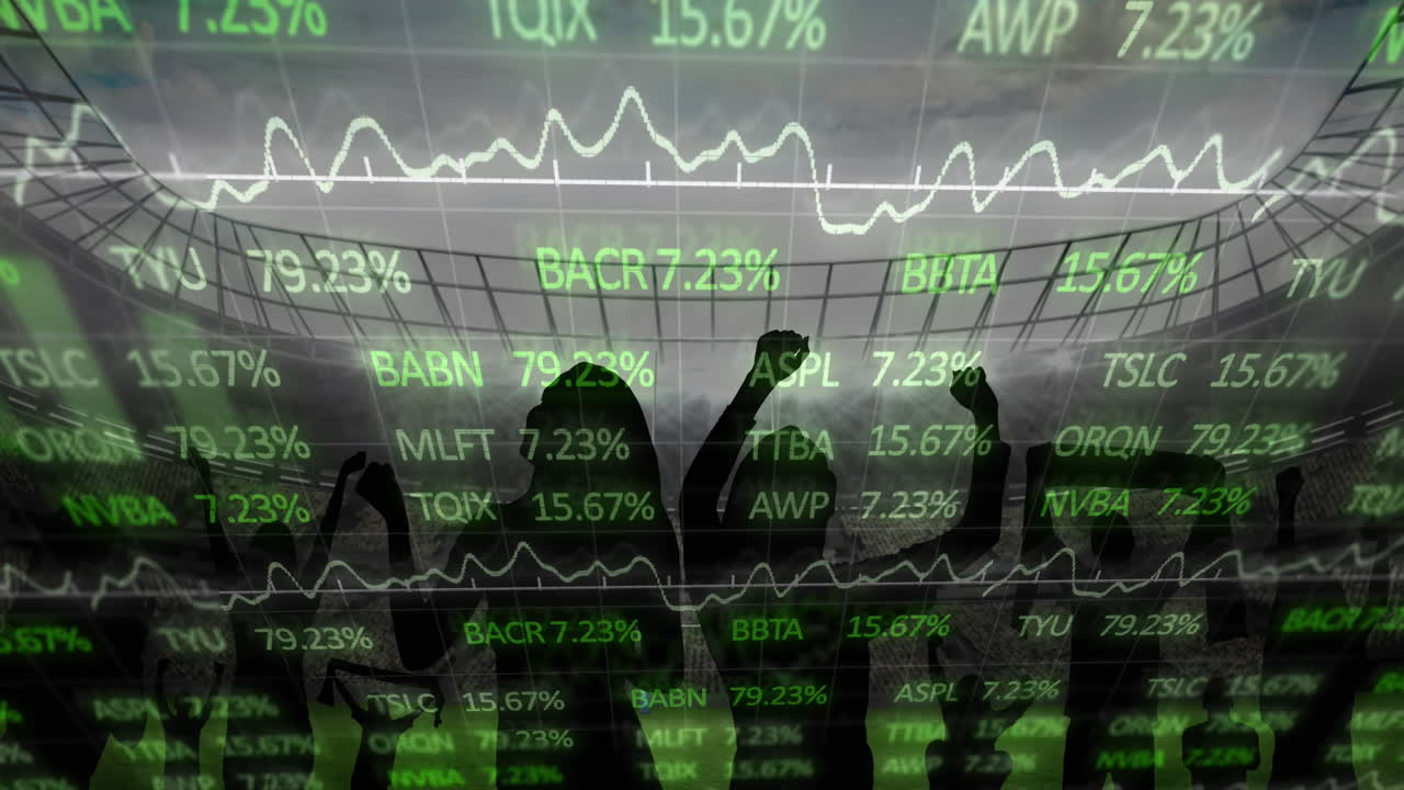 스포츠 경기장에서 환호하는 팬들에 대한 데이터 처리 애니메이션