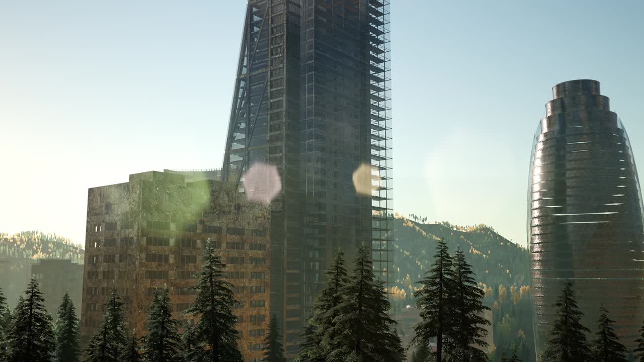 일몰 에 숲 과 초고층 건물 들