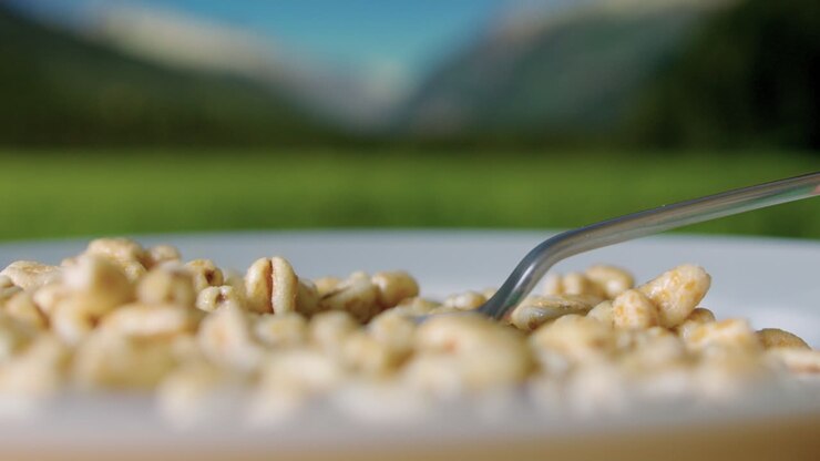 Primissimo piano dettagliato di un cucchiaio che preleva cereali da una ciotola al rallentatore in una giornata di sole.