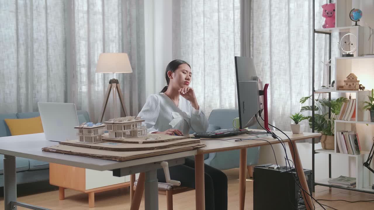 ingeniera asiática con el modelo de casa pensando y luego levantando el dedo índice mientras trabaja en un escritorio en casa