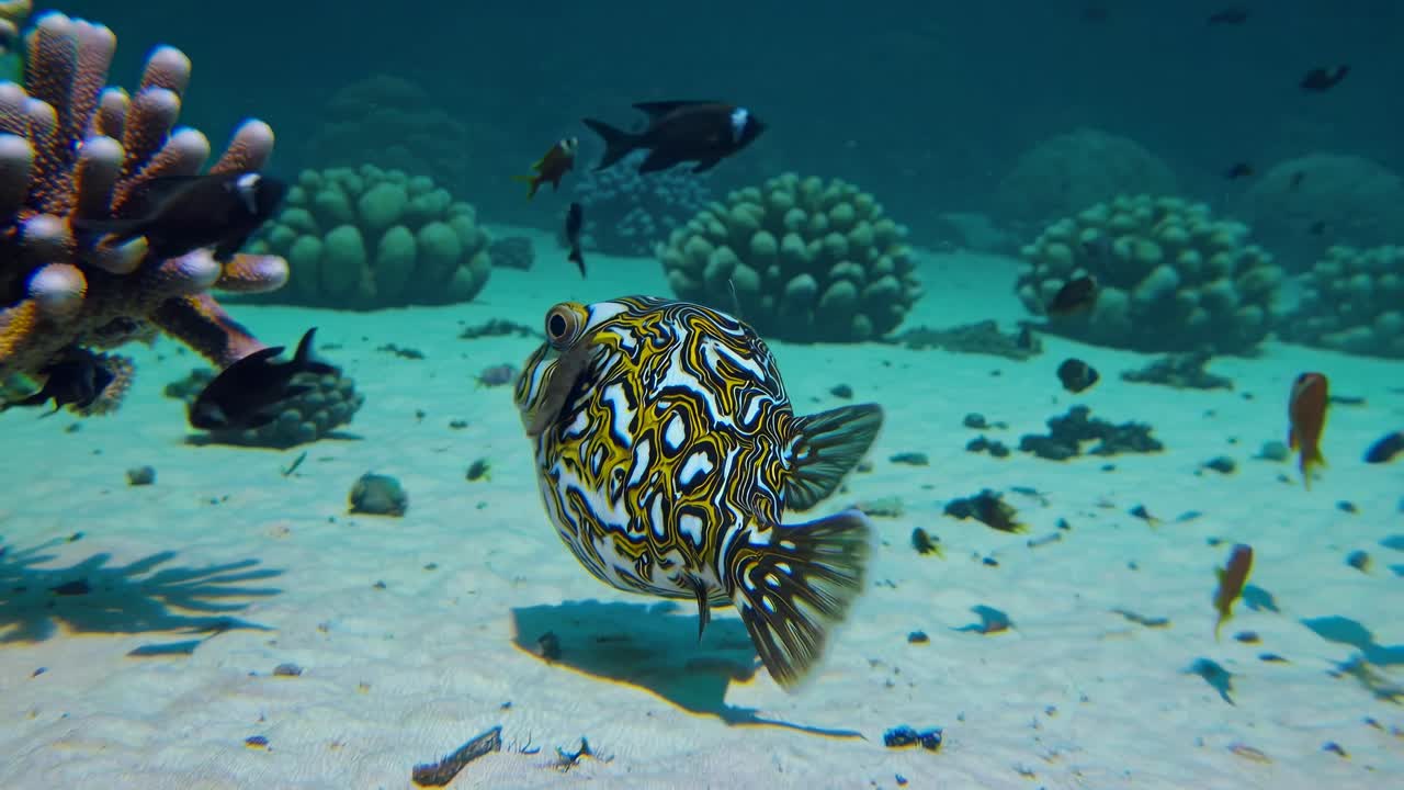 Underwater video captures a vibrant fish with intricate patterns, surrounded by coral