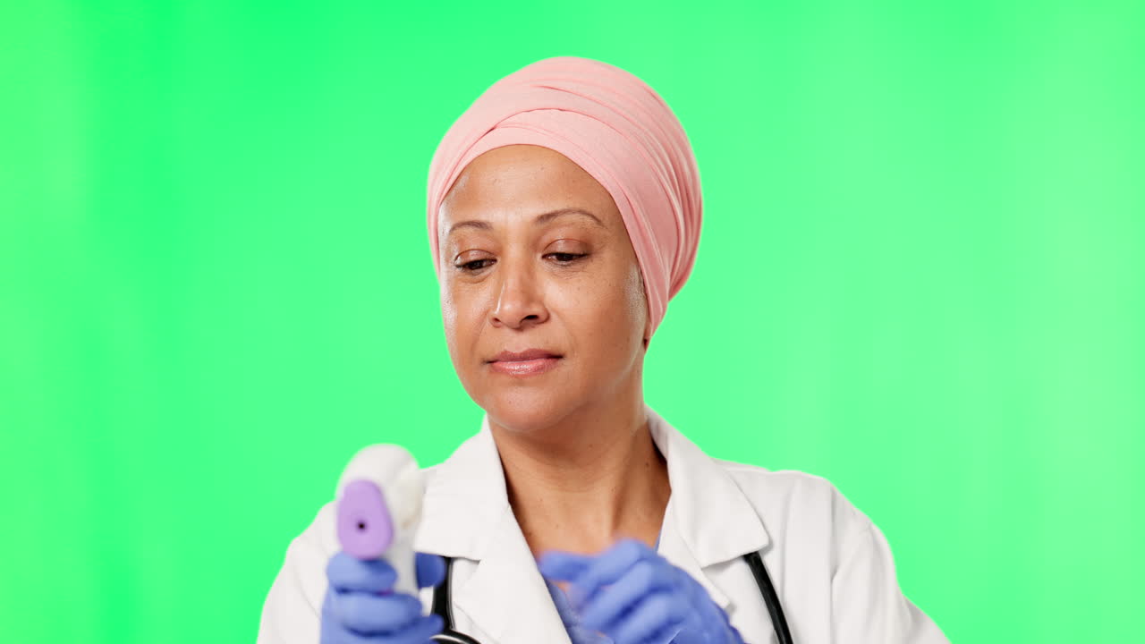 médico, mujer y termómetro por pantalla verde