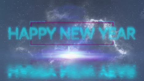 animación de texto de neón de feliz año nuevo sobre humo en fondo oscuro