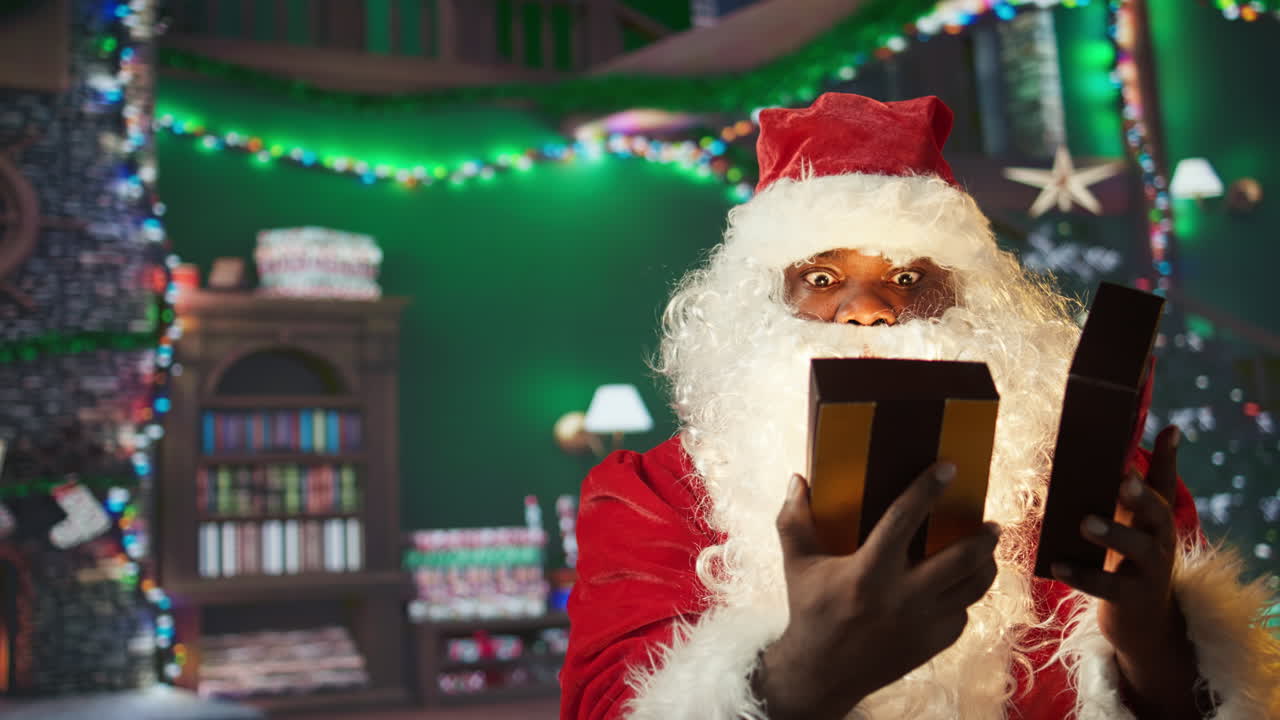 Santa Claus Opening a Gift on Christmas